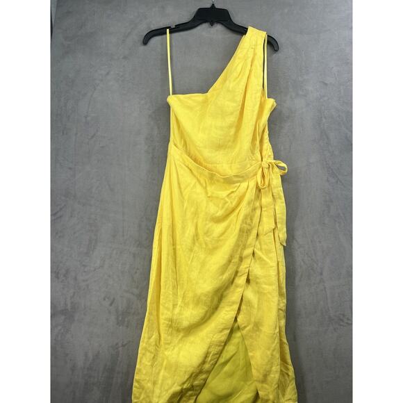 Anthropologie One-Shoulder Linen Dress Size 10 Yellow Wrap Dress - Picture 4 of 11